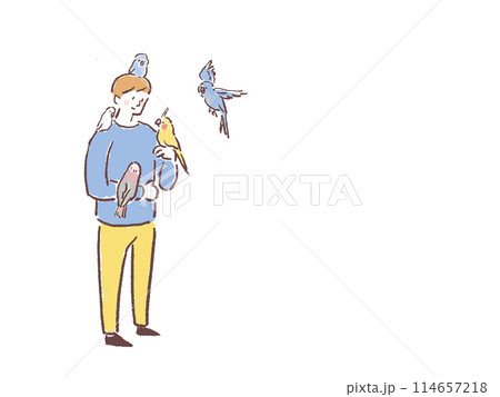 手や肩、頭にインコ、鳥を乗せる男性 114657218