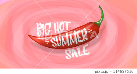 Big Hot summer sale horizontal banner with red chili cayenne pepper isolated on watercolor pink background. Vector 3d horizontal summer hot sale poster, flyer, banner, tag and background 114657516