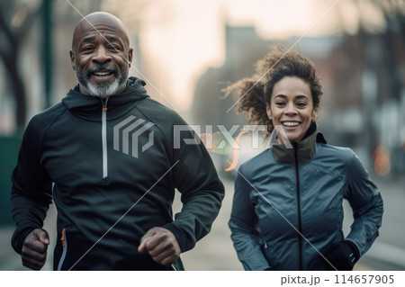 Handsome middle age POC mixed race couple jogging Handsome middle age POC mixed race couple jogging 114657905
