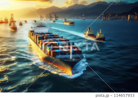 cargo ship in the sea at sunset 114657933