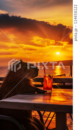 Vertical poster of a capybara with a cocktail sitting at a table in a cafe by the sea and enjoying relaxation and a beautiful sunset on the coast of Liguria 114658122