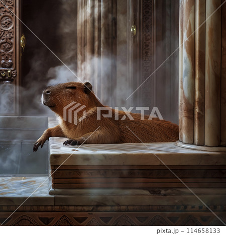 Capybara relaxes in the hot pool of a Roman bath in clouds of steam, poster for the Baths advertising project Capybara relaxes in the hot pool of a Roman bath in clouds of steam, poster for the Baths advertising project 114658133