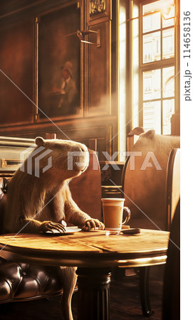 Capybara enjoying a morning cup of coffee in the quiet of an old Viennese cafe, time for vacation and travel. 114658136