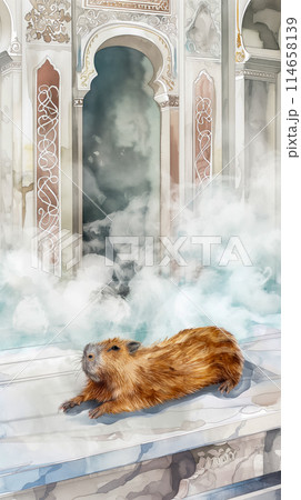Drawing of a capybara relaxing in a traditional Turkish hamam, lying on a marble bench in clouds of steam, vertical poster, cruise invitation 114658139