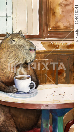 Vertical poster - drawing of a capybara relaxingly sitting in an old Viennese cafe at a table and drinking coffee, time for vacation and travel 114658141