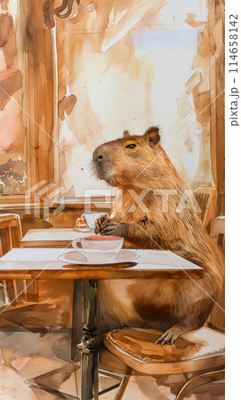 Watercolor drawing of a happy capybara sitting relaxed in an old Viennese cafe at a table and drinking a latte, time for vacation and travel, vertical poster 114658142