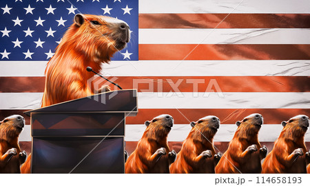 Poster with a capybara speaking from the podium at a rally, participation in election debates, capybaras against the background of the US flag, Labor Day poster 114658193