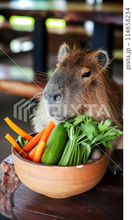 portrait of a capybara having lunch in a cafe, vegetarian bowl with four vegetables or Buddha bowl, vertical poster for vegan food cafe advertising 114658234