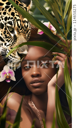 Poster idea with a beautiful dark-skinned woman with orchids in her hair and a jaguar in the jungle among palm leaves, Wildlife protection and conservation on earth day Poster idea with a beautiful dark-skinned woman with orchids in her hair and a jaguar in the jungle among palm leaves, Wildlife protection and conservation on earth day 114658275
