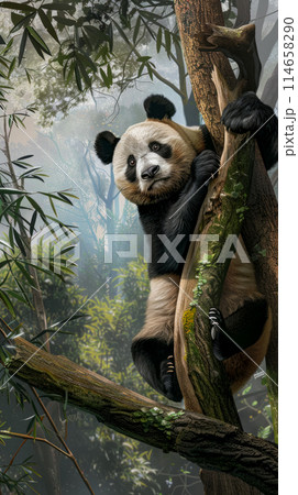 Giant panda in the jungle, drawing in an animal beautiful forest with natural habitat, watercolor drawing about wildlife and nature conservation 114658290