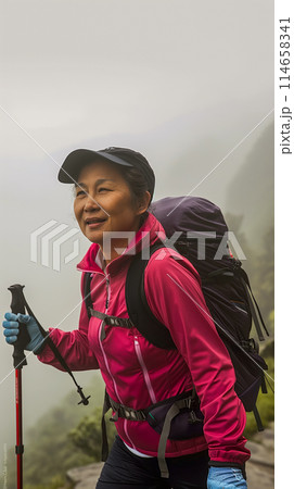 Portrait of a happy middle-aged Asian woman going hiking in the mountains, foggy morning in the mountains after rain, holding Nordic walking poles in her hands, senior active lifestyle Portrait of a happy middle-aged Asian woman going hiking in the mountains, foggy morning in the mountains after rain, holding Nordic walking poles in her hands, senior active lifestyle 114658341