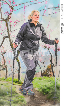 Drawing of a blonde woman in her fifties doing Nordic walking and active lifestyle on a hillside surrounded by blossoming peach trees, vertical portrait Drawing of a blonde woman in her fifties doing Nordic walking and active lifestyle on a hillside surrounded by blossoming peach trees, vertical portrait 114658401