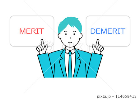 メリットとデメリットを指さすビジネスマン メリットとデメリットを指さすビジネスマン 114658415