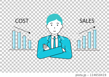 セールスアップとコストダウンのグラフとビジネスマン 114658419