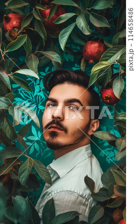 Vertical portrait of a young man on a turquoise background with patterns and a vignette of pomegranate leaves and ripe pomegranate fruits 114658486