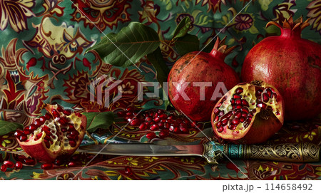Banner with grenades next to a traditional oriental dagger, idea for a card or invitation 114658492