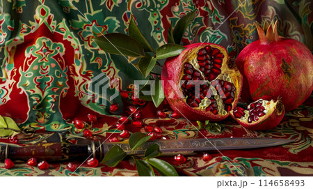 Poster with ripe pomegranate fruits and broken fruits, next to a traditional oriental dagger, beautiful Persian ornament background, idea for a card or invitation 114658493
