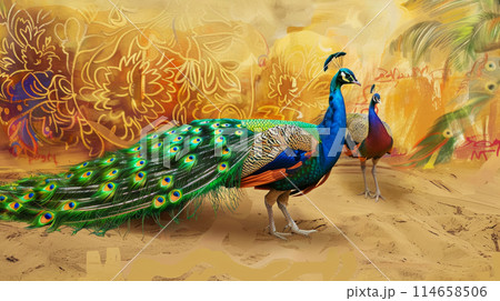 Gorgeous peacocks on watercolor orange background, idea for interior decoration or wallpaper Gorgeous peacocks on watercolor orange background, idea for interior decoration or wallpaper 114658506