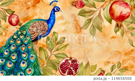 Drawing with a peacock and ripe pomegranates, an idea for a background or for a mural in the interior, oriental style, watercolor orange background Drawing with a peacock and ripe pomegranates, an idea for a background or for a mural in the interior, oriental style, watercolor orange background 114658508