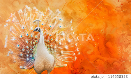 Banner with a magnificent snow-white peacock with a multi-colored giant fluffy tail raised up dancing on a rich orange background, watercolor drawings in art deco style, lots of free space for text 114658538