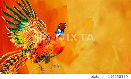 Idea for web banner with dancing pheasant, rich orange background with copy space for concept writing, watercolor bird card Idea for web banner with dancing pheasant, rich orange background with copy space for concept writing, watercolor bird card 114658539