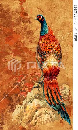 Vertical poster of pheasant on a rock, rich terracotta background, art deco watercolor paintings 114658541