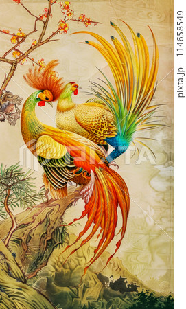 Two golden Chinese pheasants sitting on a branch of a blossoming plum tree, stylization of an idea for chinoiserie wallpaper, vertical poster 114658549