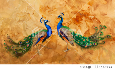 Watercolor drawing of beautiful peacocks on a rich orange background, idea for a postcard or wall screensaver design Watercolor drawing of beautiful peacocks on a rich orange background, idea for a postcard or wall screensaver design 114658553
