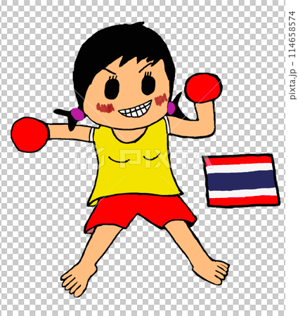キックボクシングをするタイ人女性とタイ国旗 114658574