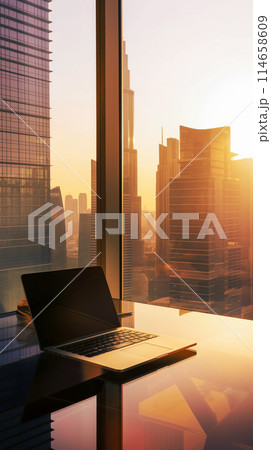 Office interior photography view of modern futuristic city center at sunset, desktop with open laptop in front of window in office, vertical wallpaper 114658609