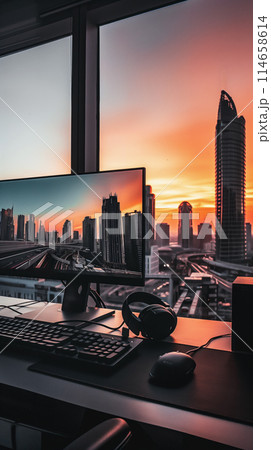 Workplace design with computer screen in a modern office, view from the office to the center of a futuristic city with skyscrapers, vertical poster Workplace design with computer screen in a modern office, view from the office to the center of a futuristic city with skyscrapers, vertical poster 114658614