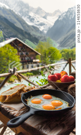 Fried eggs in a frying pan and fresh vegetables on the table, breakfast in a tavern in a chateau in the mountains, travel along popular routes, beautiful views of the river and valley, vertical poster 114658630