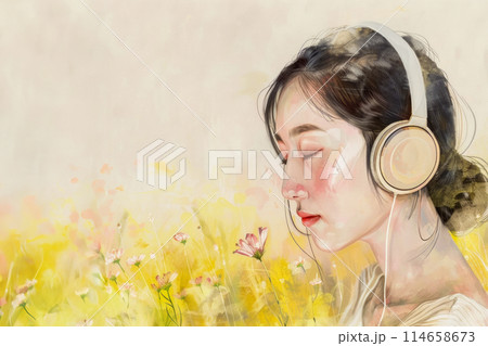 Self-immersion and analysis of mental health after trauma and stressful work, watercolor drawing of a portrait of a young beautiful Chinese woman in a spring meadow and enjoying music with headphones Self-immersion and analysis of mental health after trauma and stressful work, watercolor drawing of a portrait of a young beautiful Chinese woman in a spring meadow and enjoying music with headphones 114658673
