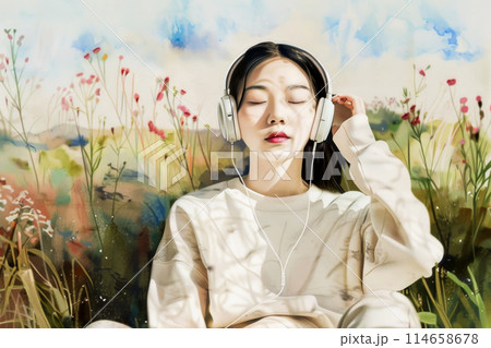 Beautiful Korean woman in a sweatshirt sitting with her eyes closed, facing the camera and enjoying music in headphones, background of a spring meadow with flowers 114658678
