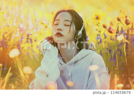watercolor drawing of a beautiful Korean model in a sweatshirt sitting with her eyes closed, enjoying music on headphones, against the backdrop of a spring meadow with blooming meadow flowers watercolor drawing of a beautiful Korean model in a sweatshirt sitting with her eyes closed, enjoying music on headphones, against the backdrop of a spring meadow with blooming meadow flowers 114658679