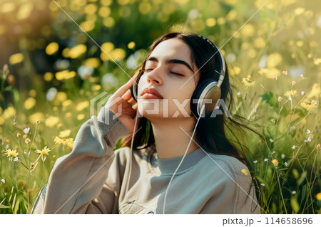 An adult beautiful girl with her eyes closed against the background of spring meadow flowers enjoys listening to music on headphones, an idea for a concept and advertising An adult beautiful girl with her eyes closed against the background of spring meadow flowers enjoys listening to music on headphones, an idea for a concept and advertising 114658696