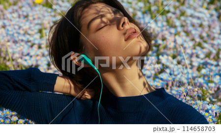 An adult model with closed eyes in a sweater against the backdrop of a spring meadow, listening to music on headphones, time for relaxation and restoration of physical strength and mental health, the An adult model with closed eyes in a sweater against the backdrop of a spring meadow, listening to music on headphones, time for relaxation and restoration of physical strength and mental health, the 114658703