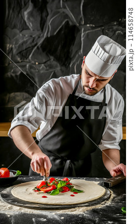 Chef prepares calzone, rolls out dough and adds generous portions of filling, traditional pastry with cheese and salami, menu poster or food delivery advertisement, vertical poster 114658748