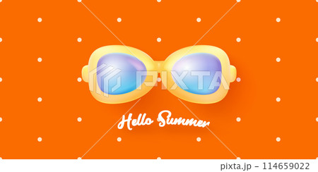 hello summer abstract concept horizontal banner with sunglasses on red background.Vector 3d clay style horizontal hello summer scene. Hello summer poster and cover design template hello summer abstract concept horizontal banner with sunglasses on red background.Vector 3d clay style horizontal hello summer scene. Hello summer poster and cover design template 114659022