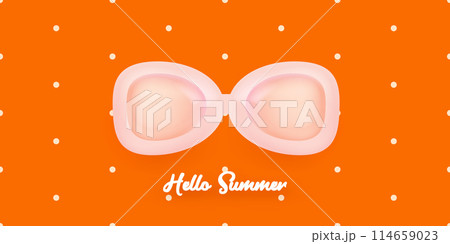hello summer abstract concept horizontal banner with sunglasses on red background.Vector 3d clay style horizontal hello summer scene. Hello summer poster and cover design template 114659023