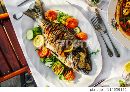 top view of a table with delicious grilled dorado, served with a colorful mixture of vegetables and a zesty slice of lemon, Mediterranean diet 114659132