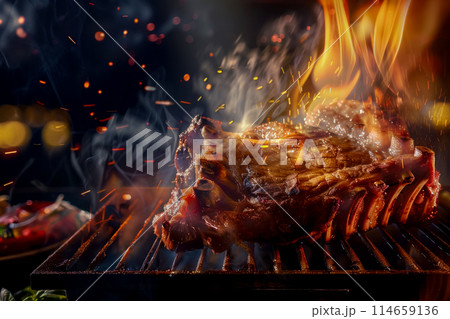 A large piece of meat is being grilled, close-up on a steak, an idea for advertising a restaurant or cafe, a juicy piece of meat is grilled to perfection, creating a symphony of flavors A large piece of meat is being grilled, close-up on a steak, an idea for advertising a restaurant or cafe, a juicy piece of meat is grilled to perfection, creating a symphony of flavors 114659136