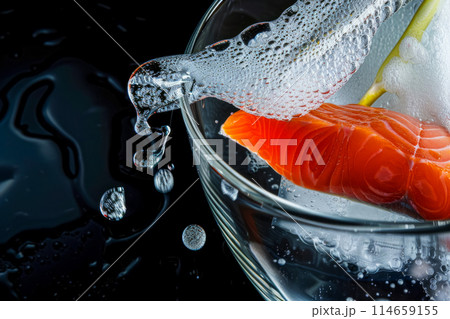 Poster of the most tender salmon steak prepared using innovative small-cooking methods, design of a dish for the menu 114659155