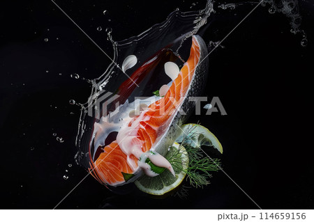 Cooking salmon steak using innovative lean cooking methods. Witness how delicate redfish fillets are transformed into gastronomic delights using avant-garde techniques 114659156