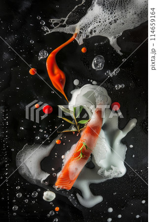Flat lay design of a trout dish for an unforgettable culinary experience using molecular cooking techniques that opens up new possibilities for creating dishes that delight both palate and the senses 114659164