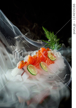 Cook trout for an unforgettable culinary experience using molecular cooking, foaming and gelling techniques, opening up new possibilities for creating dishes that delight both palate and the senses 114659166