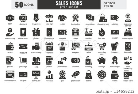 Sales icons set.E-commerce online shopping glyph icons vector Sales icons set.E-commerce online shopping glyph icons vector 114659212