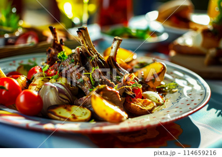 Tender lamb with aromatic herbs, potatoes and spices baked in a clay pot and served on a plate to guests, the epitome of Mediterranean culinary perfection, menu idea 114659216