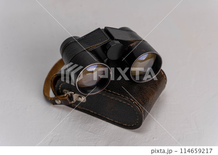 Pair of binoculars resting on top of a leather case 114659217