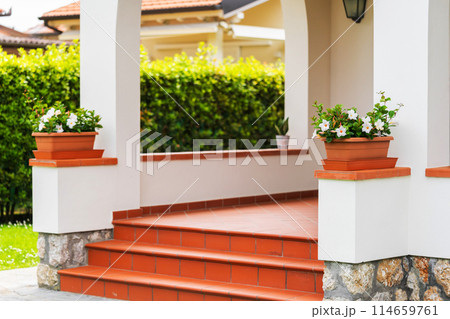 flower pots on house entrance steps flower pots on house entrance steps 114659761